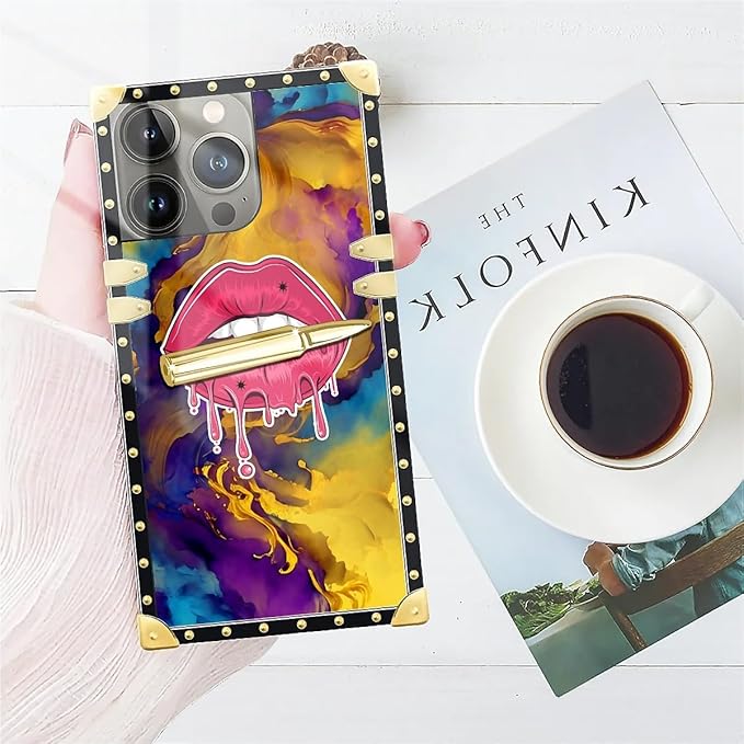 Compatible with iPhone 14 Pro Max Case, Cool Corlorful Lip Marble Luxury Golden Decoration for Girl Women Soft TPU Shockproof Protective Hard PC Back for iPhone 14 Pro Max