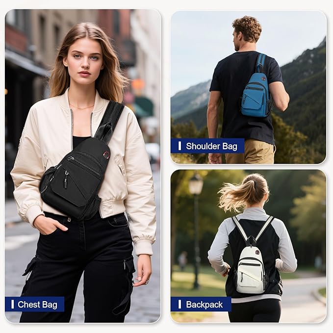 Small Crossbody Bag Casual Sling Bag for Men, Convertible Backpack, 3-in-1 Anti-Theft Shoulder Bag Trendy Daypack for Travel, Black