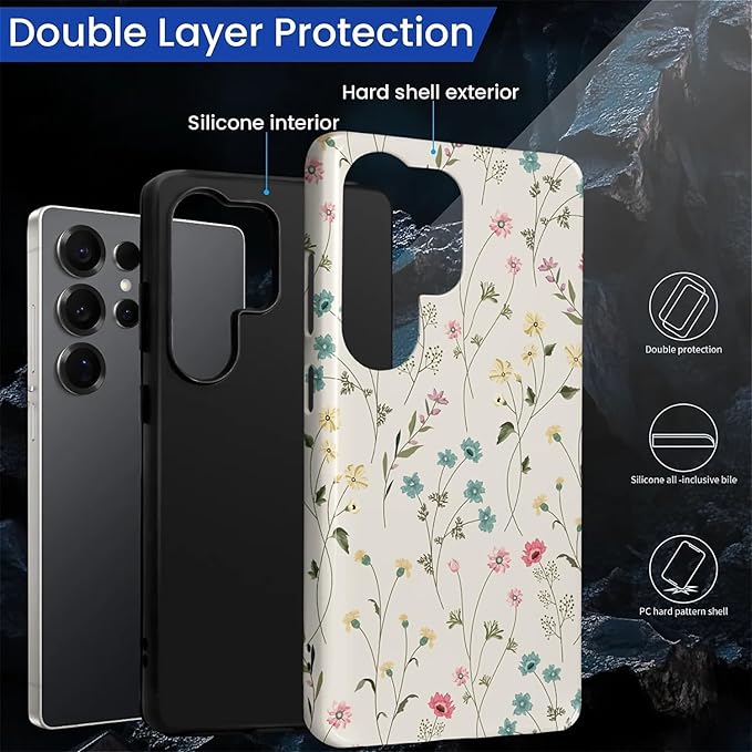 for Samsung Galaxy S25 Ultra Case,HL2 Beige Flower Branch Hybrid 2 Layer Hard Shell Silicone Protective Pattern Design Case