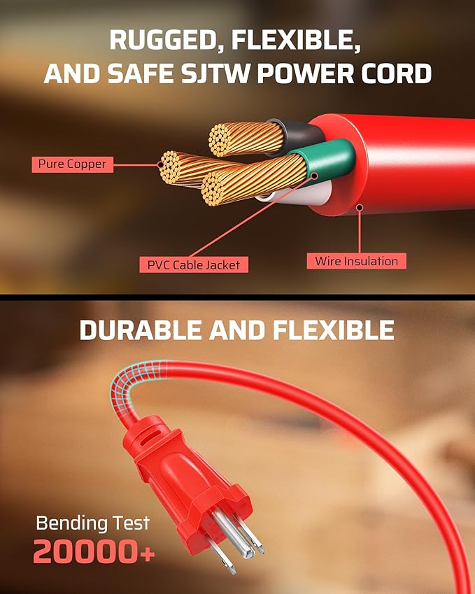 DEWENWILS Extension Cord Reel with 25 FT Power Cord, Hand Wind Retractable, 16/3 AWG SJTW, 4 Grounded Outlets, 13 Amp Circuit Breaker, Red, Red Cord, UL Listed