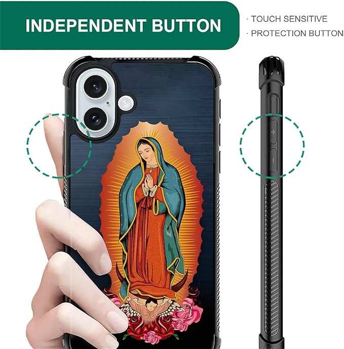 for iPhone 16 Plus Case, Red Virgen Guadalupe Pattern Graphic Design Girl Boy Soft Silicone Hard Acrylic Shock Protection for iPhone 16 Plus