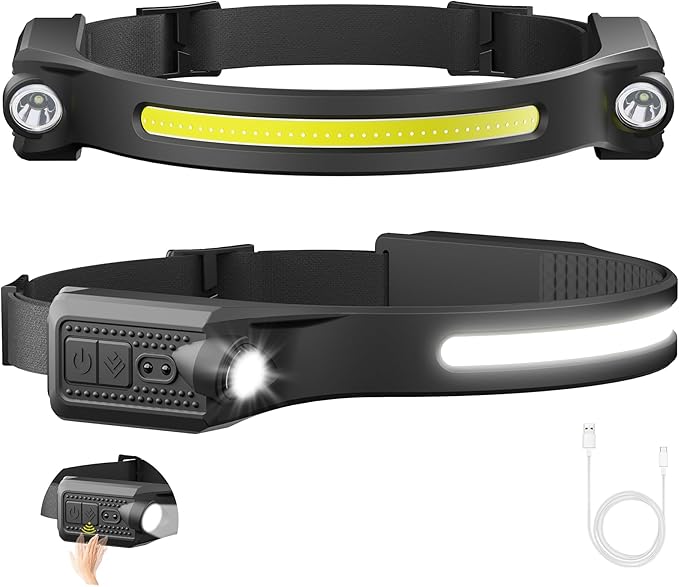 AlpsWolf LED Headlamp Rechargeable, 2 XPE LED and COB LED Head Lamp, Motion Sensor, 260° Wide Beam, IPX4 Waterproof, Rechargeable Headlight for Camping Accessories (2 Pack)