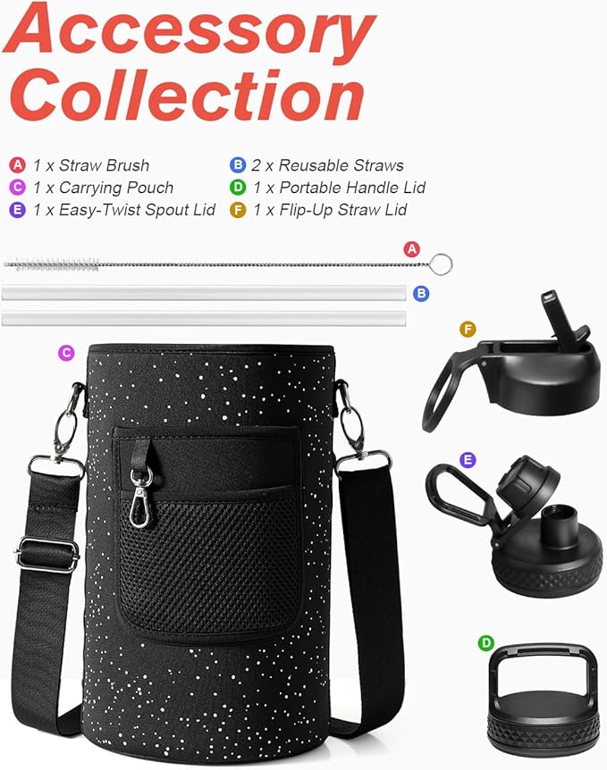 Coolflask 128 oz Gallon Water Bottle Insulated with Straw&3 Lids, Water Jug Large Stainless Steel Metal Vacuum Wide Mouth for Sports, Gym or Office, Non-BPA Keep Cold 48H Hot 24H, Starry Night