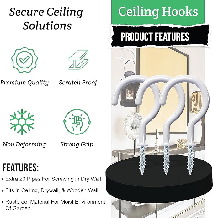 30 Pcs Ceiling Hooks for Hanging Plants, Cups, Utensils and Lights, 1-1/4 inch Vinyl Coated Screw-in Plant and Cup Hooks for Wooden and Drywall with Anchors