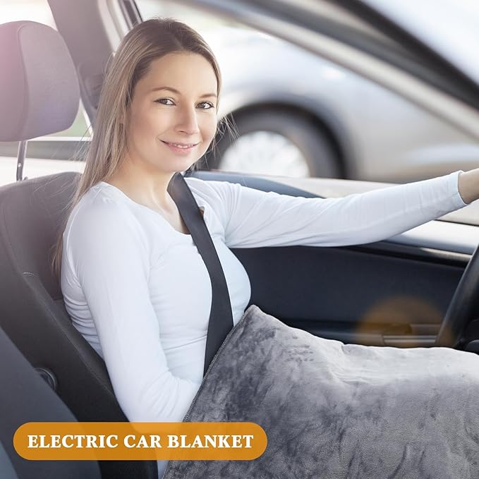 Riakrum 12v Car Heated Blanket 57"x43", Portable Electric Car Blanket with Storage Bag, Auto-Off Heat Control for Truck SUV Rv Winter Travel, Camping, Road Trips, Office, Gifts for Mother Day, Gray