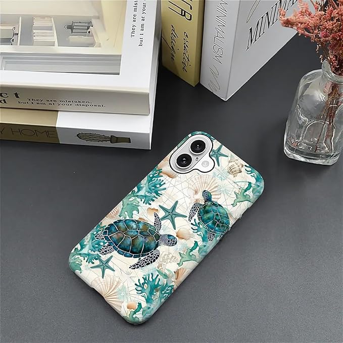 for iPhone 16 Case,HH2 Ocean Sea Turtle Nautical Map Hybrid 2 Layer Hard Shell Silicone Protective Pattern Design Case