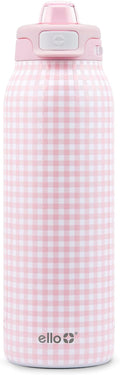 Ello Pop & Fill 32oz Stainless Steel Water Bottle with QuickFill Technology, Double Walled and Vacuum Insulated Metal, Leak Proof Locking Lid, Straw and Chug, Reusable, BPA Free, Pink Gingham