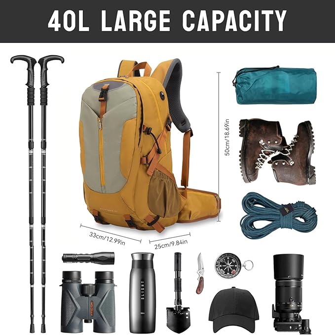Hiking Backpack 40L, Waterproof Hiking Backpack with Rain Cover, Large Camping Bag Outdoor Sport Travel Daypack | Rain Cover, Camping Bag, Outdoor Sport, Travel Daypack
