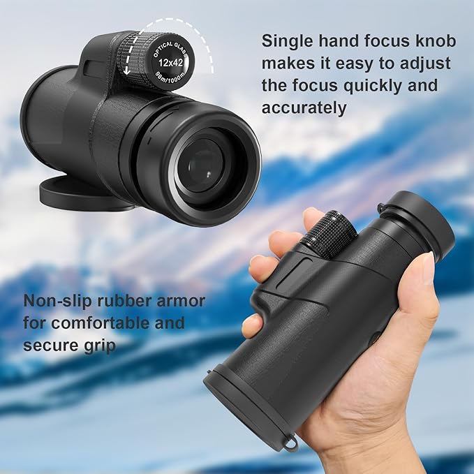 12x42 Monocular Telescope for Adults, High Powered HD Compact Monoculars Portable Handheld Telescope with BAK4 Prism & FMC Lens for Bird Watching Hiking Hunting Camping
