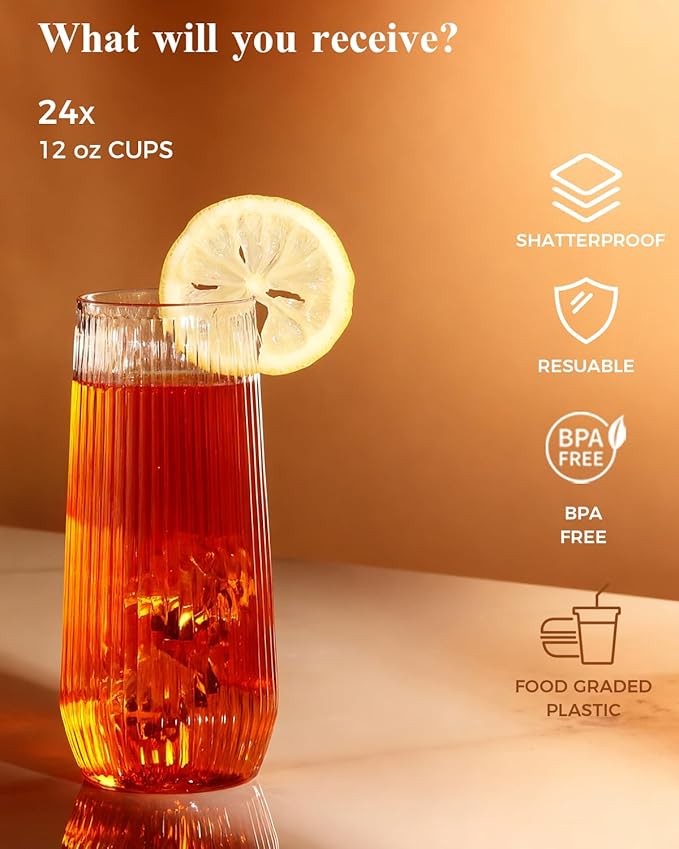 48 Pack Disposable Ribbed Origami Ripple Plastic Glasses Set - 24 9 OZ Stemless Champagne Flutes & 24 12OZ Cups, BPA-Free Shatterproof Clear Drinkware for Weddings, Parties & Events(Gold Rim)