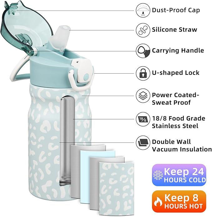 BJPKPK Water Bottle with Straw 14oz Insulated Water Bottles Reusable Stainless Steel Metal Thermal Flask with Leak Proof Lockable Lid and Carry Handle,Light Blue Leopard