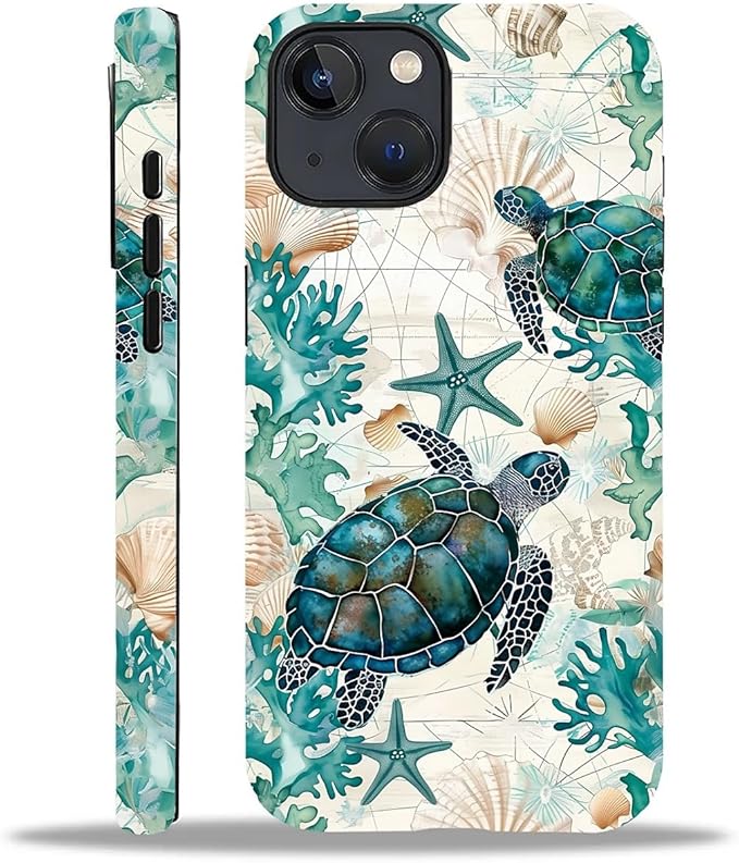 for iPhone 14 Plus Case,HH2 Ocean Sea Turtle Nautical Map Hybrid 2 Layer Hard Shell Silicone Protective Pattern Design Case