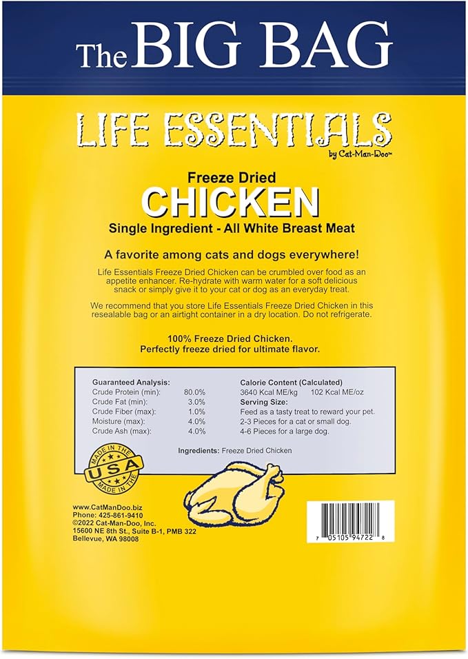 Life Essentials by Cat-Man-Doo | Chicken - 16oz. Bag | Freeze Dried Chicken Cat & Dog Treats | Healthy, Single Ingredient, Training Treats, High Protein
