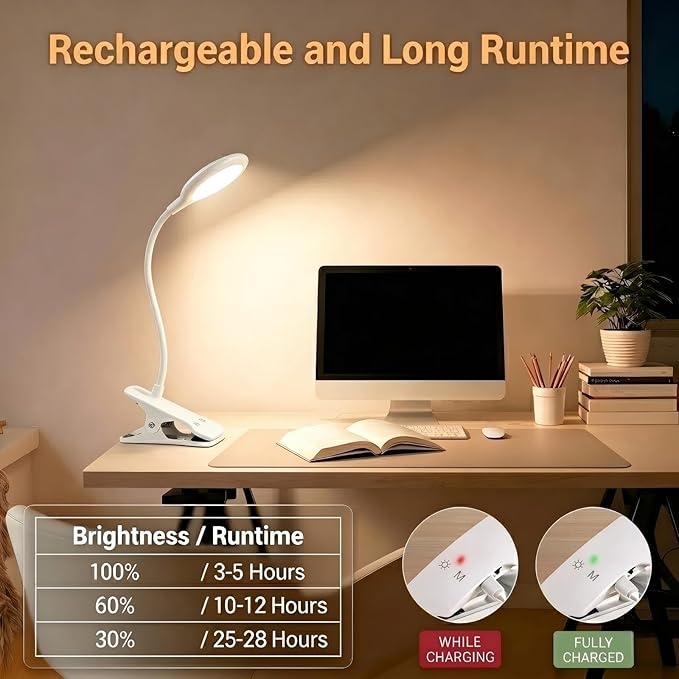 Reading Light, 28 LEDs Rechargeable Clip on Lamp, 3 Color x 3 Brightness Clip On Light for Bed Headboard with Safety Switch, Eye Protection Book Light for Reading in Bed, Touch Control Table Desk Lamp