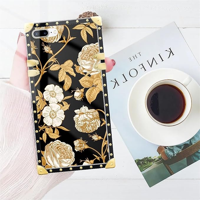 Compatible with iPhone 8 Plus 7 Plus Case, Blooming Rose Golden Flower Luxury Golden Decoration for Girl Women Soft TPU Shockproof Protective Hard PC Back for iPhone 8 Plus 7 Plus
