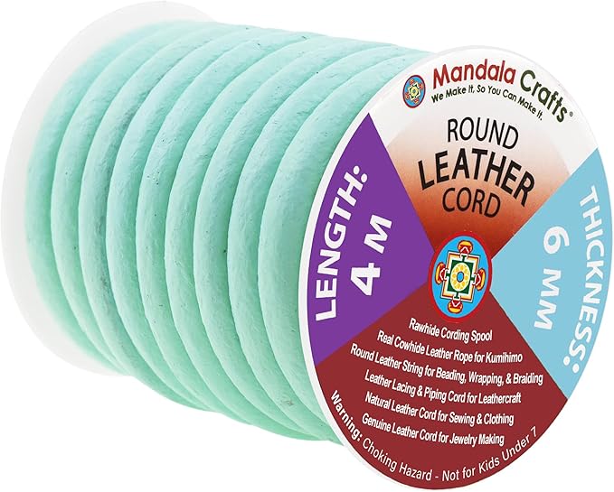 Mandala Crafts Round Genuine Mint Leather Cord for Jewelry Making – 6mm Cowhide Leather Rope String Lace for Kumihimo – 4.4 Yards Cowhide Craft Cording Spool