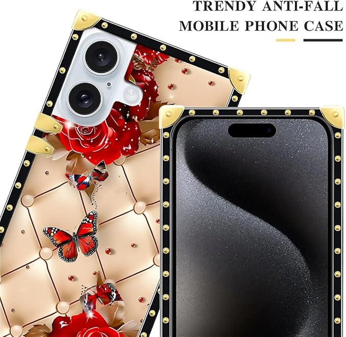 Compatible with iPhone 16 Case, Shining Red Rose Butterfly Leather Background Luxury Golden Decoration for Girl Women Soft TPU Shockproof Protective Hard PC Back