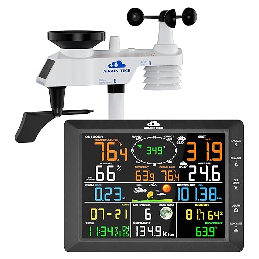 14-in-1 Wireless Weather Station with Outdoor Wireless Sensor,Radio-Controlled Clock,Rain Gauge,Wind Speed/Direction,Moon Phase,Wind Chill Index,Outdoor Dew Point,Barometer(NO WiFi)