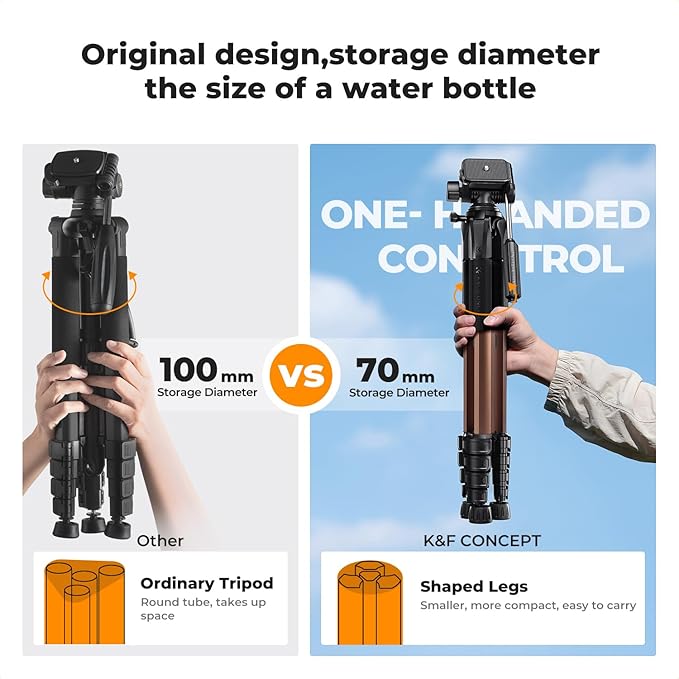 K&F CONCEPT Camera Tripod, 75" Lightweight Portable Travel Outdoor DSLR Tripods for Camera Phone Video Recording Tripod Stand, Cellphone Clip for Smartphone Live Streaming Vlog (Bronze Gold, 75'')