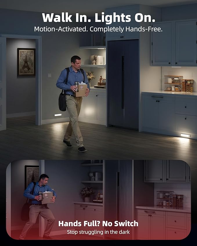 6-Pack Under Cabinet Lighting Wireless, 1800mAh Rechargeable Motion Sensor Light Indoor, Magnetic Closet Lights, Dimmable & 3 Color Temps, Under Counter Lights for Kitchen, Stairs (8inch)