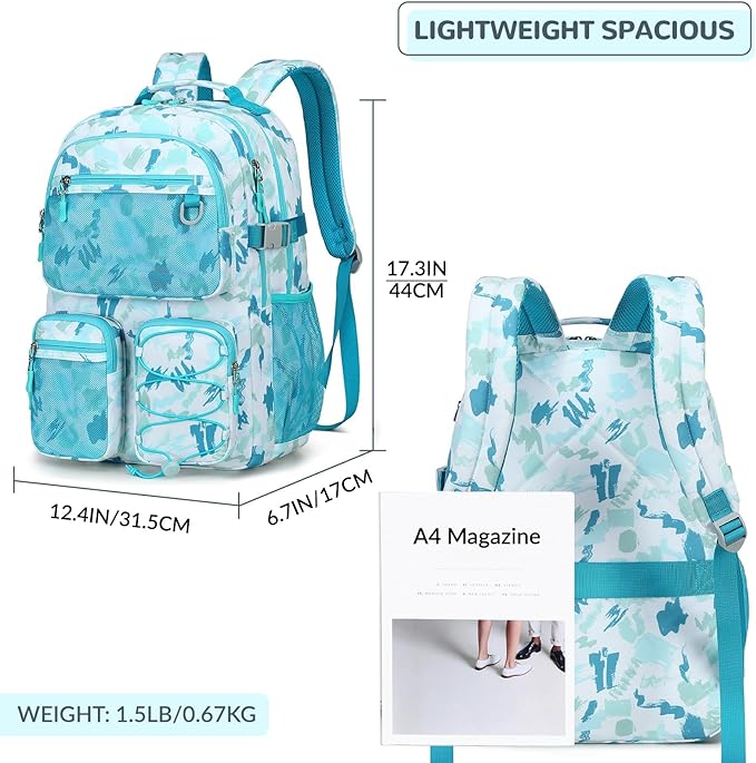 Lohol Multi-Pocket Backpack for School College Travel, Heavy Duty Big Bookbag with 15.6 inch Laptop Compartment (Green Graffiti