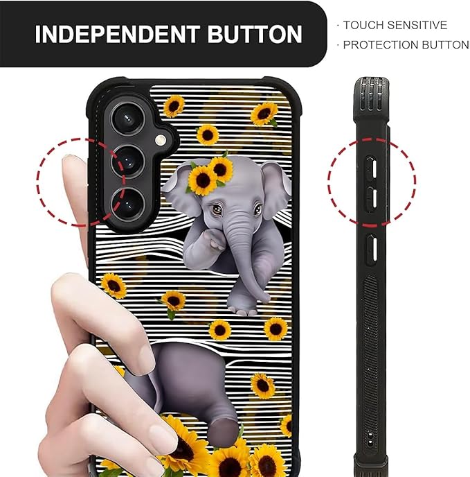 for Samsung Galaxy S23 FE Case, Cute Little Elephant Sunflower White Line Art Pattern Graphic Design Soft Silicone Hard Acrylic Shock Protection for Samsung Galaxy S23 FE