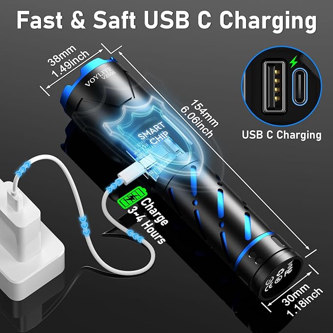 Rechargeable Flashlights High Lumens - 100000 LM, 5000mAh Battery with LCD Display, 3 Modes, Zoomable & IP67 Waterproof - for Camping, Dog Walking, Emergencies