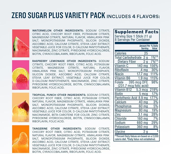 DripDrop Zero Sugar Plus - Sugar Free Hydration Packets - Single Serve Electrolytes Powder Drink Mix - Raspberry Lemonade, Watermelon, Tangerine, Tropical Punch - Non-GMO, Vegan- 8 Sticks