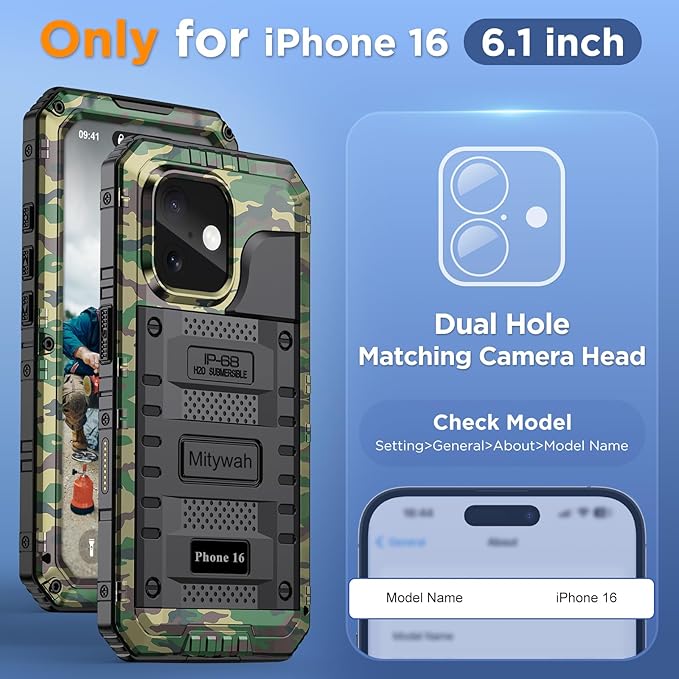 Mitywah Waterproof Case for iPhone 16, Shockproof Heavy Duty Case with Built-in Screen Protector, Underwater Full Body Protective Metal Case 6.1 inch, Camouflage