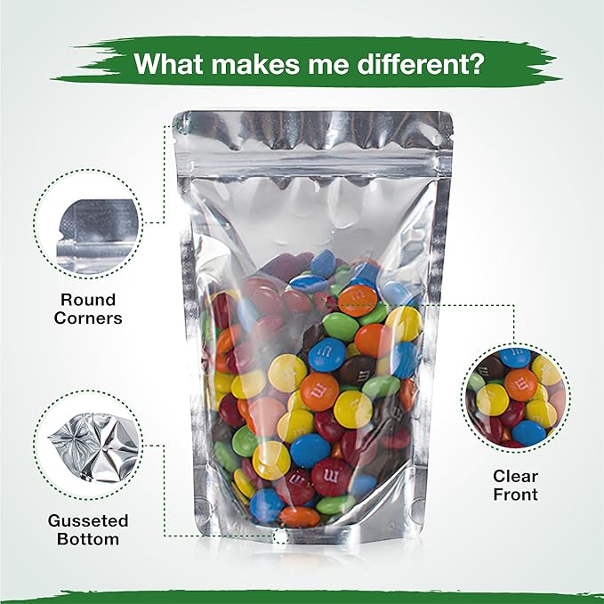 BELLE KR® 4x6 Mylar Bags for Freeze Dried Candy - Pack Of 100-7.5mil Thick - 1/2 Pint Stand Up Small Clear Mylar Bags with See Through Window for Freeze Drying - Labels Included