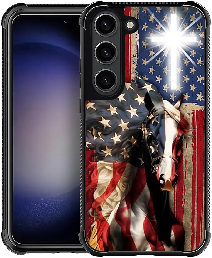 for Samsung Galaxy S23 Case, Red American Flag Horse Cross Pattern Graphic Design Girl Boy Soft Silicone Hard Acrylic Shock Protection for Samsung Galaxy S23