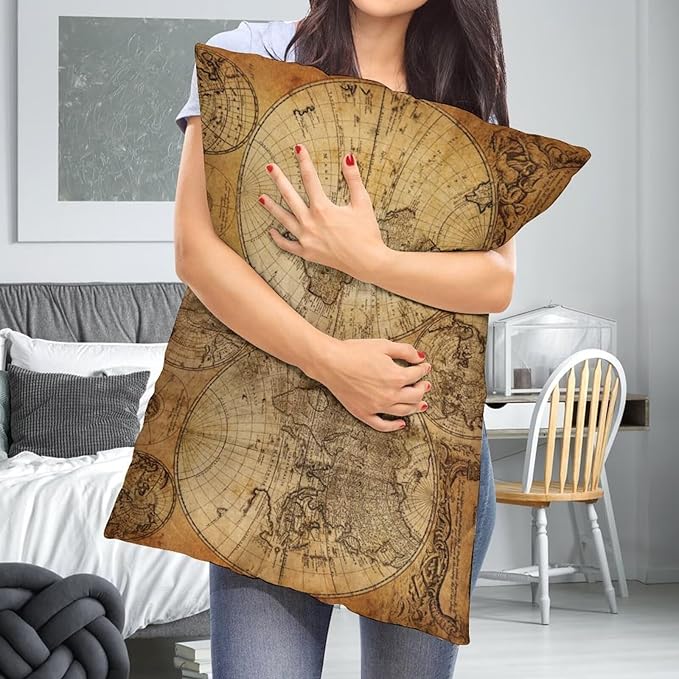 Vintage World Map Throw Pillow Covers Set of 2 Queen Size Old Paper Nostalgic Historical Pillow Cushion Cases Retro Style Standard Pillow Cases Decorative Pillowcase 20X30 Inch for Sofa Bed