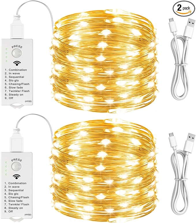 HXWEIYE Rechargeable Fairy Lights Battery Operated, DIY Timer & 8 Modes, 2 Pack 16FT 50LED Twinkle String Lights Indoor, Led mini Lights for Bedroom Wedding Dorm Christmas Tree Decor (Warm White)