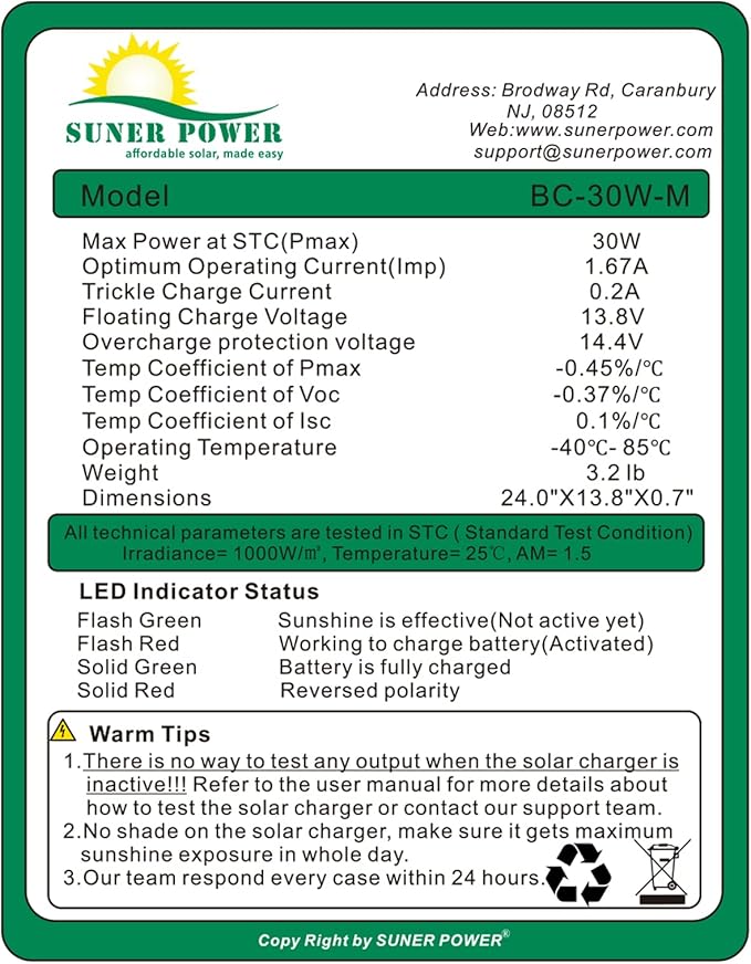 SUNER POWER 30W 12V Solar Battery Charger Maintainer, Built-in Smart MPPT Charge Controller, Adjustable Mount Bracket, Waterproof 30 Watt Solar Panel Kits for Car Automotive Boat Marine RV Trailer