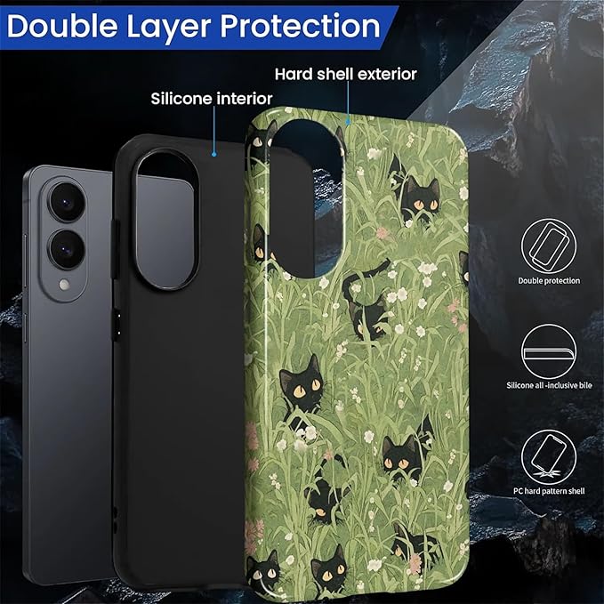 for Samsung Galaxy S25 Edge Case,HL2 Grass Cat Hybrid 2 Layer Hard Shell Silicone Protective Pattern Design Case
