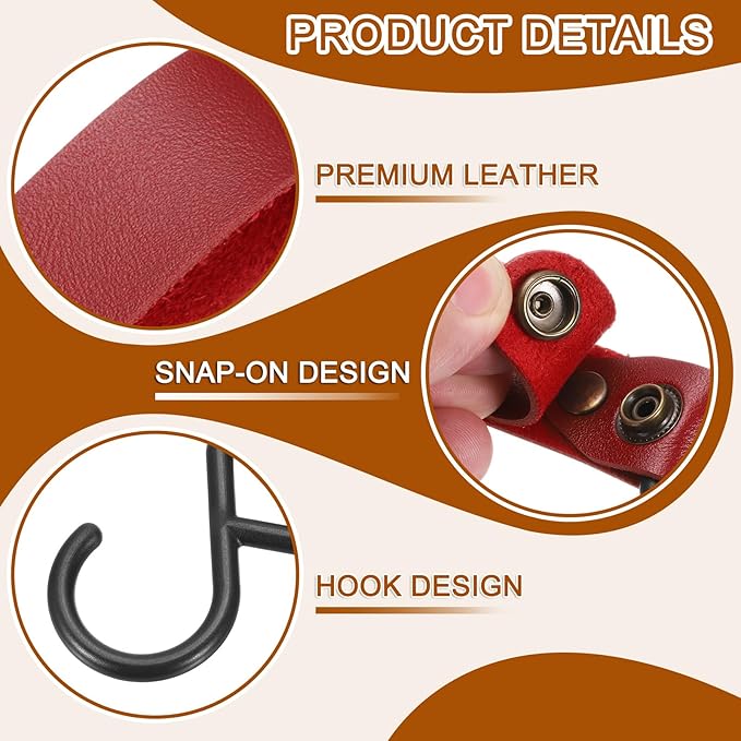 uxcell 5pcs PU Leather Hooks, Leather Straps with Hooks, S-Shape Hooks for Outdoor Camping Hanging Pots Pans Utensils Wine Red