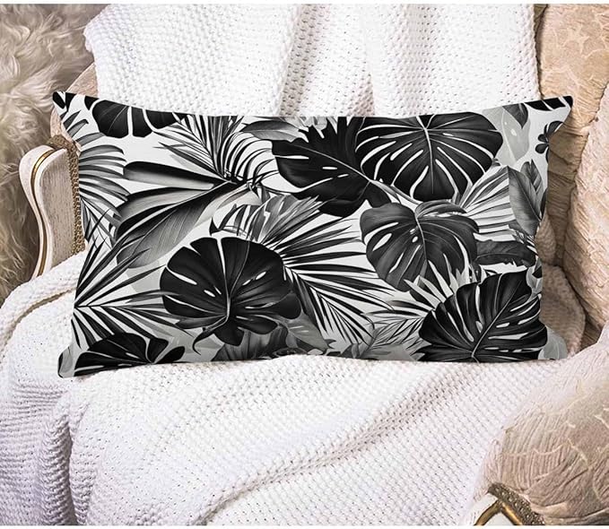 EKOBLA Palm Leaf Decorative Lumber Cushion Case Tropical Jungle Leaf Hand Drown Plant Cotton Linen Square Throw Waist Pillow Case Decorative Cushion Cover Pillowcase Sofa Lumbar 12x20 Inches