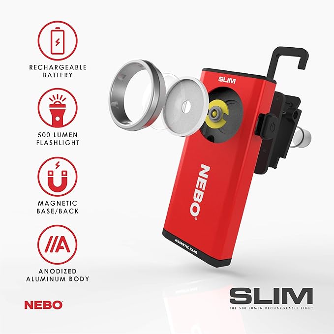 NEBO Slim Pocket Flashlight | 500 Lumens, Rechargeable Mini EDC Work Light, Magnetic Base & Dimmable Brightness, Durable & Water Resistant, Includes Charging Cable — Red