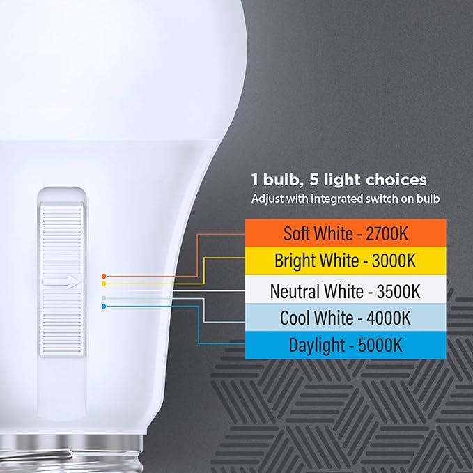 Feit Electric LED Dusk-to-Dawn Light Bulb, A19 60W Equivalent, 5CCT, Non-Dimmable, E26 Medium Base, 90 CRI, 800 Lumens, Adjustable White, 13 Years Lifetime, OM60/5CCTCA/DD/LEDI