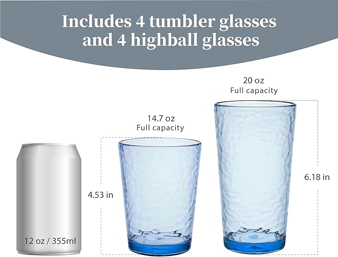 KLIFA- NICE- 14.7 & 20 ounce, Set of 8, Acrylic Tumbler & Highball Drinking Glasses Cups, BPA-Free, Stackable Plastic Drinkware, Dishwasher Safe, Blue