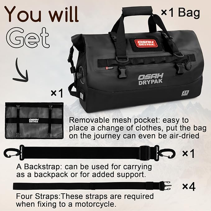Waterproof Duffel Bag 25L/40L/60L – Heavy-Duty Motorcycle Tail Bag, Roll-Top Dry Bag for Travel, Camping, Boating, Kayaking, Outdoor Adventure