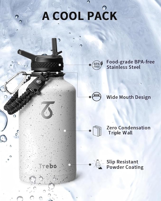 Trebo Water Bottle 64oz with Paracord Handle, Half Gallon Large Vacuum Triple Wall Stainless Steel Insulated Water Jug with Holder Strap Straw Spout Lids, Leakproof Keep Cold & Hot,Starry White