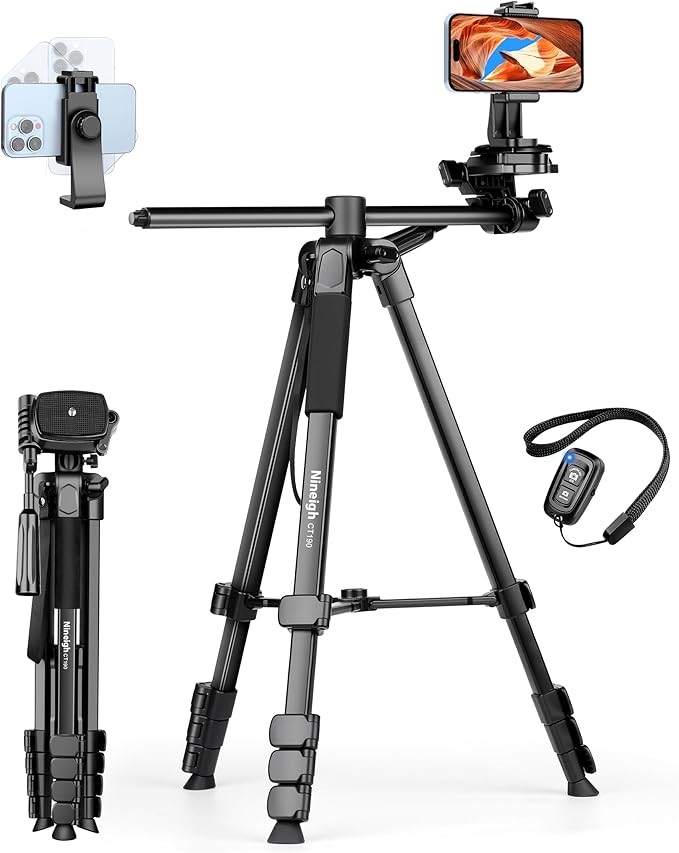 Nineigh 75" Phone Tripod Stand, Overhead Tripod for iPhone with Remote, Portable Horizontal Mount for Video, Live Streaming & Vlogging, Compatible with iPhone Camera