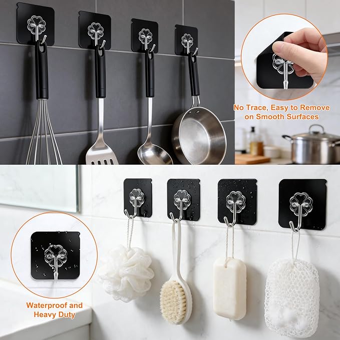 DDMY Heavy Duty Adhesive Hooks for Hanging 50lb(Max) Black Wall Hooks with Strong Sticky,No Damage Removable Hook Waterproof & Reusable for Bathroom, Kitchen, Shower, Outdoor Decor -8 Pack