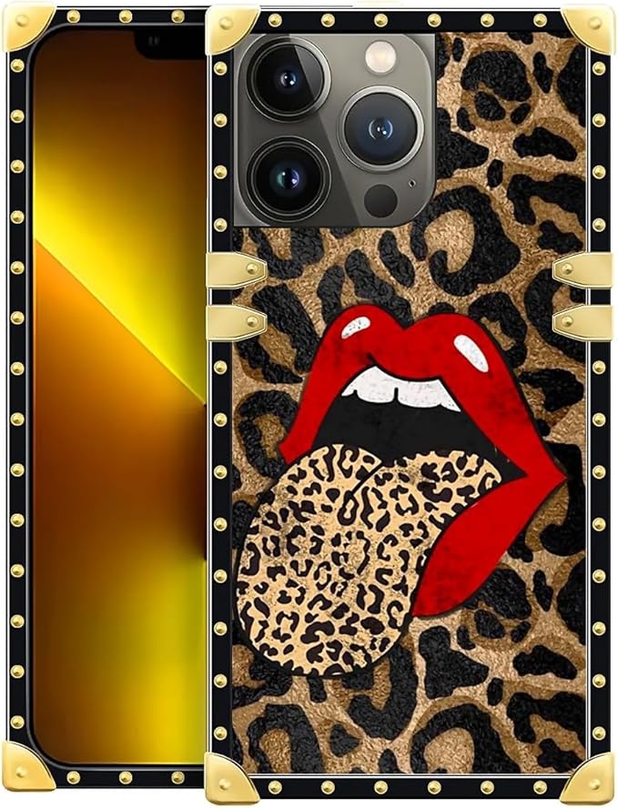 Compatible with iPhone 13 Pro Max Case, Brown Leopard Print Mouth Luxury Golden Decoration for Girl Women Soft TPU Shockproof Protective Hard PC Back for iPhone 13 Pro Max