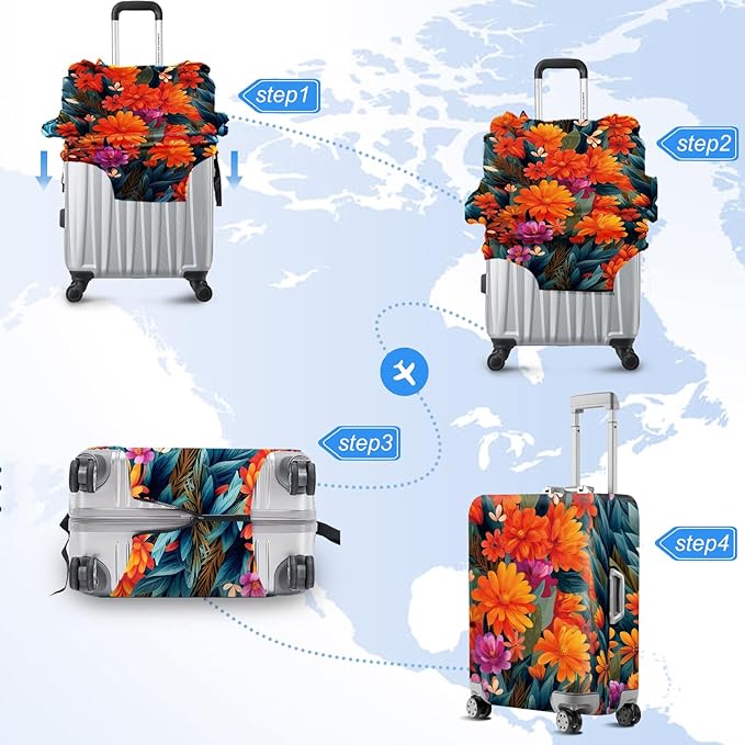 ANNA QUEEN Boho Floral Luggage Cover,Spring Orange Flower Pattern Suitcase Protector,Stretchable,Washable & Water Resistant, Universal Fit for 28-30 Inch Checked Baggage