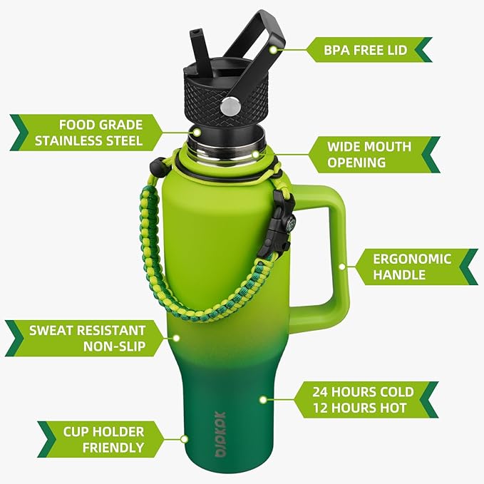 BJPKPK Insulated Water Bottles with Straw Lid, 35oz Metal Water Bottle with 2 lids & Paracord Strap, Double Wall Stainless Steel Tumbler with Handle, Reusable Cups, Mugs, Thermo, Bamboo Grove