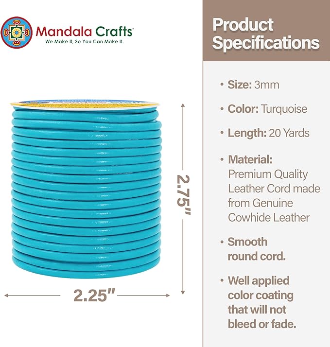 Mandala Crafts Round Genuine Turquoise Leather Cord for Jewelry Making – 3mm Cowhide Leather Rope String Lace for Kumihimo – 20 Yards Cowhide Craft Cording Spool