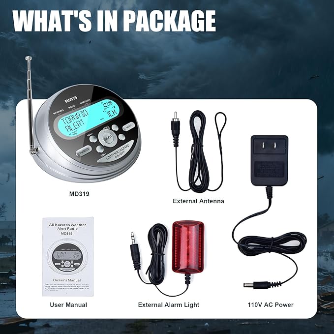NOAA Weather Radio-S.A.M.E. Localized Programming,Weather Alert Radio with 80+ Emergency Alerts,Alarm Clock,NOAA Weather Radio with Battery Backup,External Warning Light for Emergency