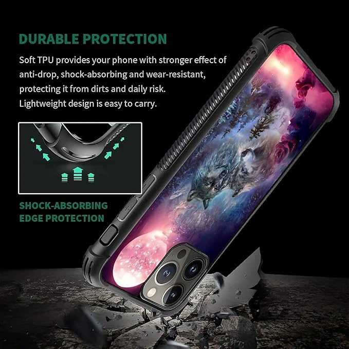 for iPhone 15 Pro Max Case, Star Two Wolfs Howling Pattern Graphic Design Girl Boy Soft Silicone Hard Acrylic Shock Protection for iPhone 15 Pro Max